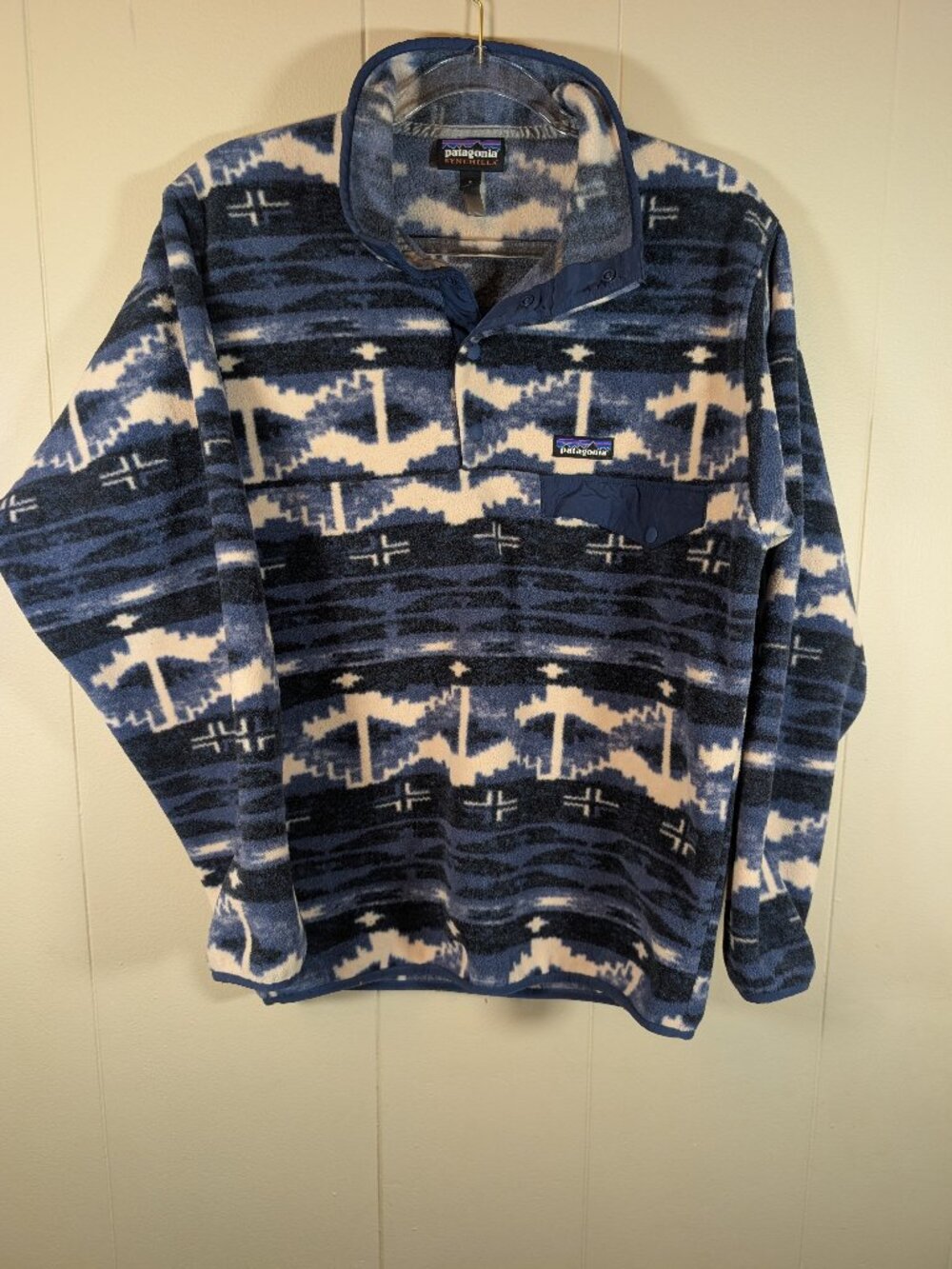 PATAGONIA Synchilla Snap-T Geometric Fleece Pullover Blue Worn Wear Small